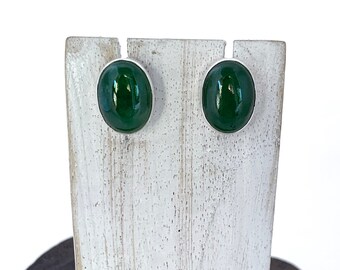 Green Jade Earrings, Sterling Silver 925, Oval Jade Stud,  Silver Earrings, Natural Stone, Gemstone, Silver Jade Post