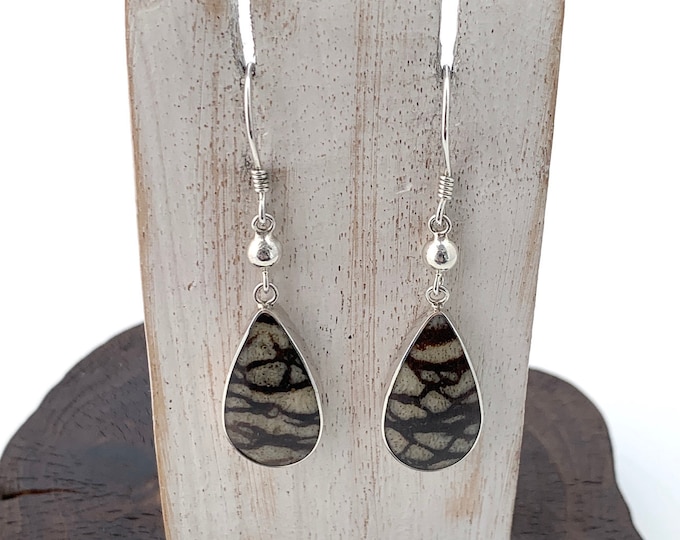 Zebra Striped Coral Earrings,Teardrop Zebra Coral,Raindrop Earrings,Silver Tear Drop,Zebra Stripes Dangle Earrings, Brown and Black Earrings