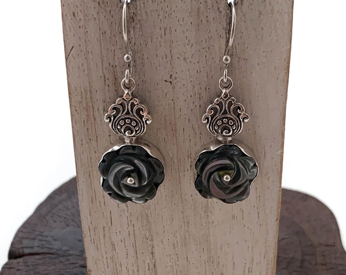 Silver Flower Earrings, Black Rose Earrings,Black Tinted Shell, Black Flower Earring, Black Dangle Earrings,Elegant Flower