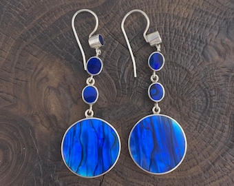 Blue Paua Shell  Earrings, Blue Circle Dangle Earring, Silver Blue Earring, Silver Shell Earring
