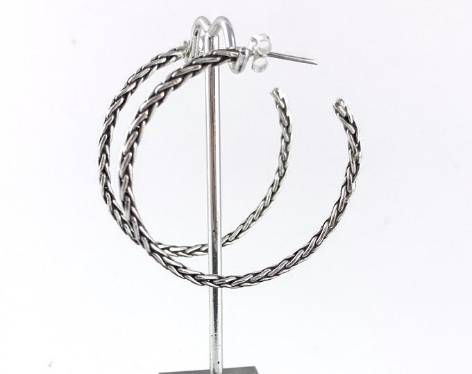 Large Hoop, Braided and Oxidized Half Hoop, Silver  Hoop Earrings, Round Oxidized Silver Hoop, Post Closure, 4.8 cm Diameter,Silver.925