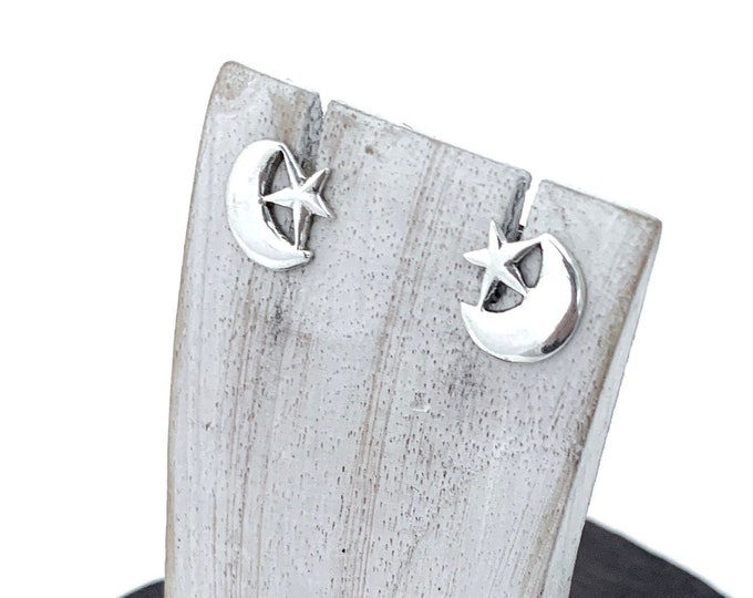 Silver Crescent Stud, Khaleesi Crescent Moon and Star, Sterling Silver Star Stud, Crescent Earrings, Celestial, Minimalist,Star Jewellery