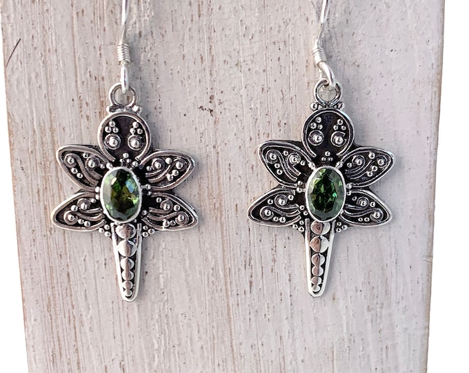 Peridot Earrings, Butterfly Silver Earrings, Green Peridot Gemstone, Silver 925