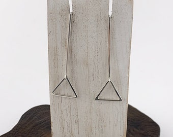 Silver Triangle Earrings, Long Silver Bar With triangle, Geometric Earrings