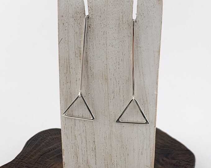 Silver Triangle Earrings, Long Silver Bar With triangle, Geometric Earrings