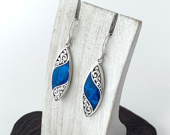 Blue Earrings, Blue Paua Shell, Blue Abalone, Stunning Drop Earrings, Intricate Sterling silver, Dangle Earrings