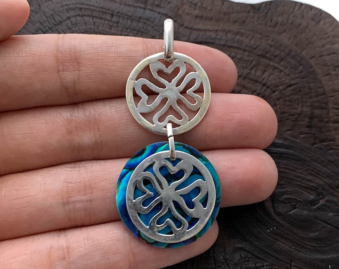 Silver Round Pendant, Blue Paua Shell, Circle Silver, Blue Necklace, Four Leaf Clover Silver, Good Luck Pendant,  Intricate Silver 925