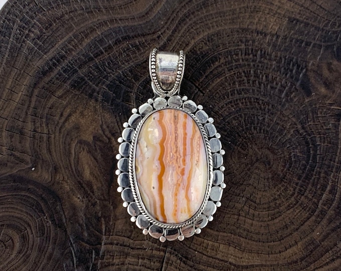 Orange Agate Pendant, Sterling Silver, Oval Pendant for Necklace, Orange Lined Pendant, Agate Jewellery