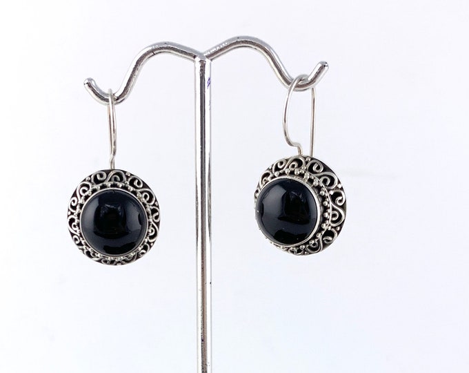 Round Onyx Drop Earrings, Sterling Silver Onyx Earrings, Ethnic Design, Black Onyx Earrings