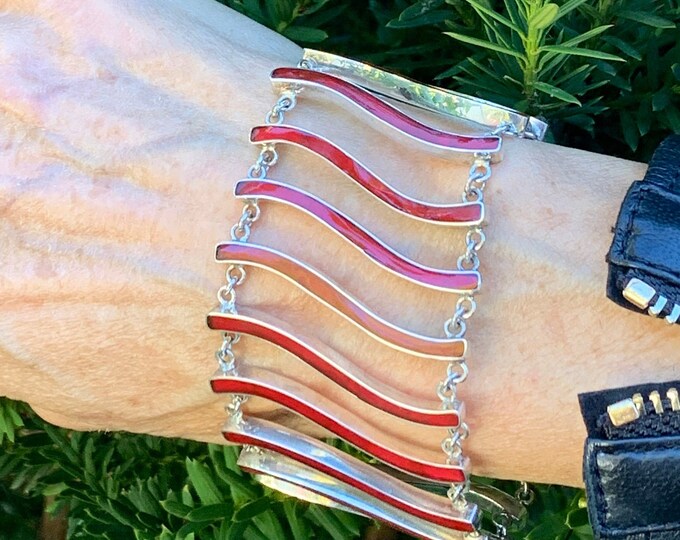 Red Coral Silver Bracelet, Long Swirls, Sterling Silver 925, Red Coral Bracelet, Curved Lines, Large Bracelet, Coral Wide Bracelet