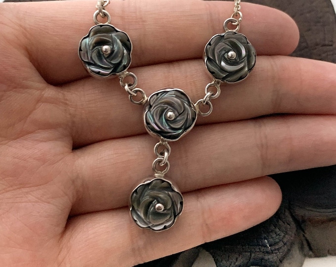 Silver Black Flower Necklace, Sterling Silver, Black Rose Necklace, Spring Floral Necklace, Flower Lover, Mothers Day, Sterling Silver