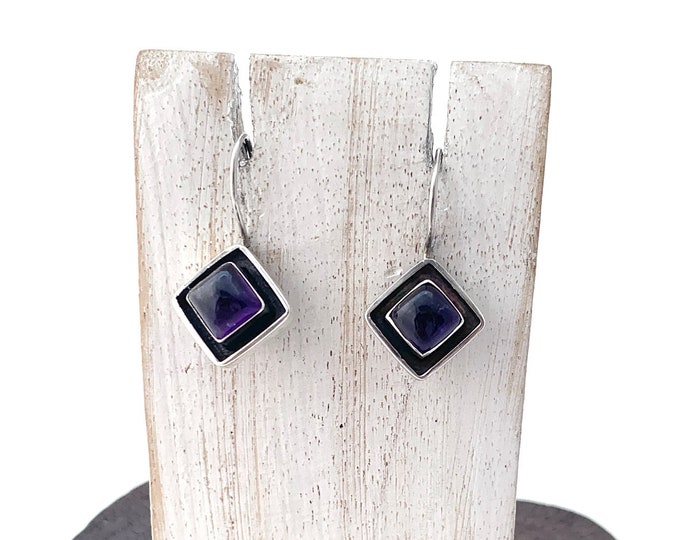 Silver Amethyst Earrings, Purple Amethyst Earrings, Sterling Silver Amethyst,  Dangling Square Earrings