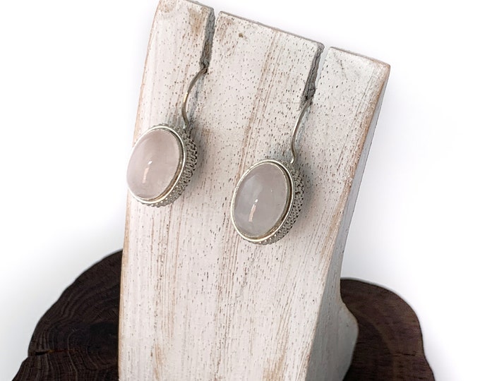 Rose Quartz Earrings,Pink Oval Sterling Silver Earrings,Rose Quartz Jewelry, Pink Stone Earrings,Genuine Stone,Dangle Rose Quartz