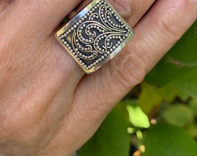 Filigree Work Ring, Oxidized Sterling Silver 925,Original Silver Ring, Rectangle Silver Ring