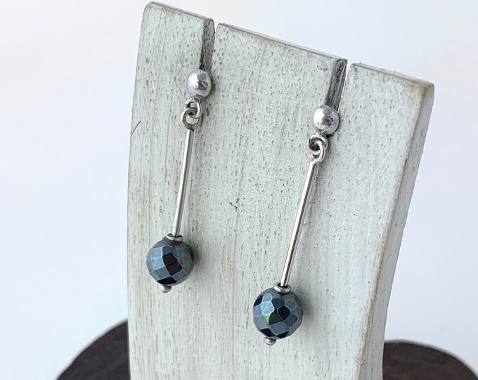 Hematite Earrings, Faceted Hematite Jewellery, Sterling Silver Stud, Dangling Earrings, Minimalist, Everyday Wear, Properties Stone