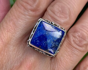 Square Lapis Lazuli Ring, Silver Lapis Ring, Sterling Silver Ring, Natural Lapis Lazuli, Real Lapis Stone, Square Ring