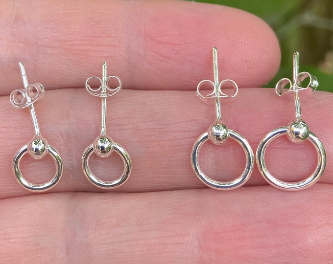 Mini Silver Earrings,Ball With Hoop Studs, Small Silver Hoop Post ,Sterling Silver Hoop, 8 mm or 10 mm