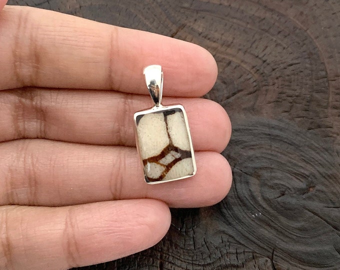 Small Rectangle Pendant, Zebra Striped Coral, Silver Rectangle, Silver 925, Earth Tone Pendant