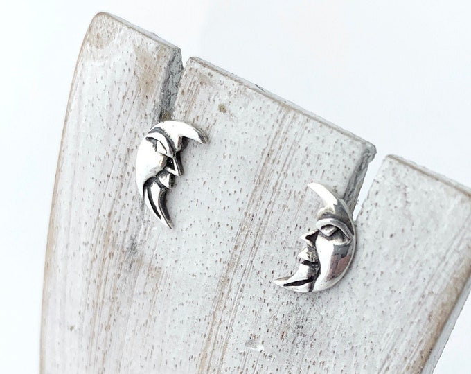 Crescent Moon Stud Earrings, Moon Face Stud, Celestial Moon Stud Earrings,Sterling Silver Crescent Moon