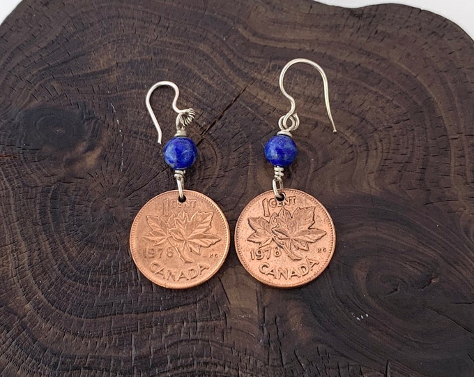 Canadian Penny Jewellery, Coin Pendant,Lucky, Birthday, Maple Leaf, Anniversary, Born,Lapis Lazuli,Penny Earrings