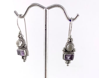 Amethyst Earrings,Moon Stone, TwoTone Earrings, Rectangle Amethyst, Round Moon Stone, Genuine Stone, Drop Amethyst Earring, Silver 925