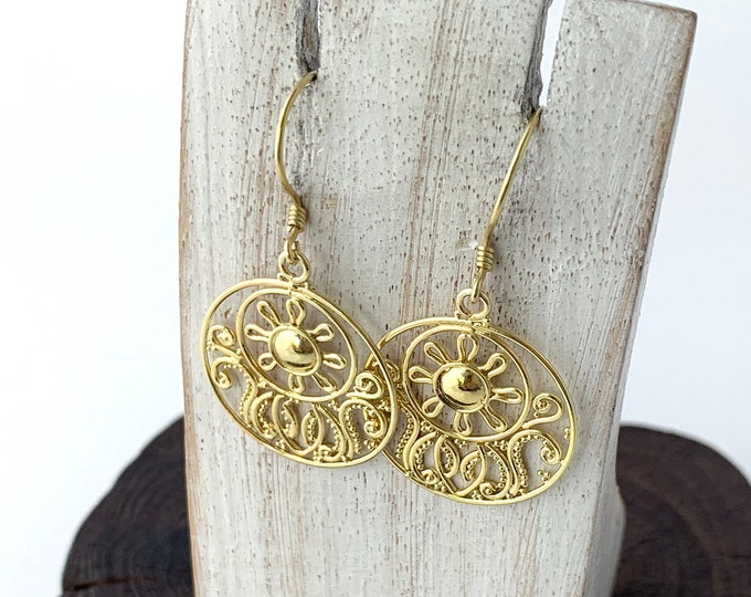 Gold Vermeil 18 K Earrings, Gold Vermeil /Sterling Silver, Intricate Vermeil Filigree, Round Earrings, Celestial, Sun