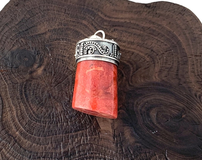 Red Coral Pendant, Fossilized Coral, Chunky Pendant, Coral Necklace, Red Coral Jewellery,Silver 925