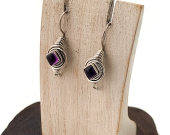 Amethyst Square Earrings, Square Amethyst, Sterling Silver Coiled Earrings, February Birthstone,Fun Earrings, Original