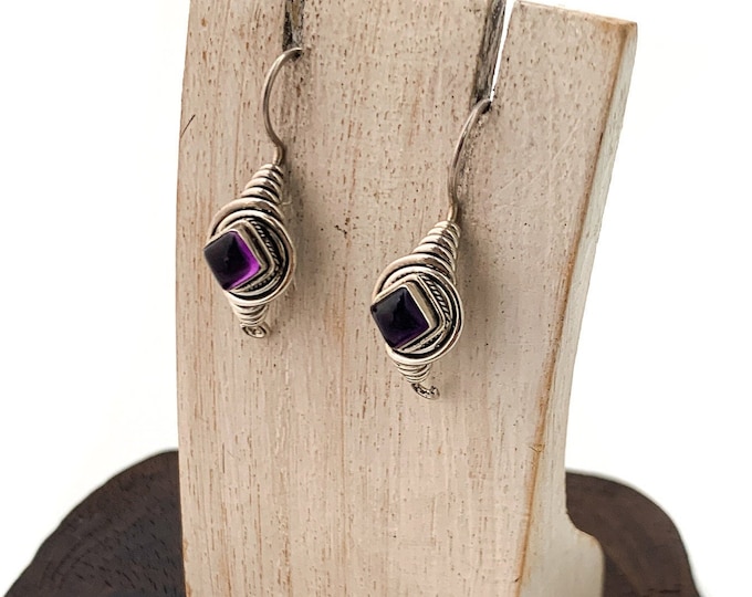 Amethyst Square Earrings, Square Amethyst, Sterling Silver Coiled Earrings, February Birthstone,Fun Earrings, Original