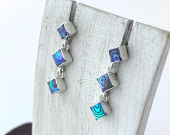 Silver Abalone Earrings, Triple Abalone Shell, Minimalist Jewelry, Tiny Square Earring,Natural Abalone, Silver 925