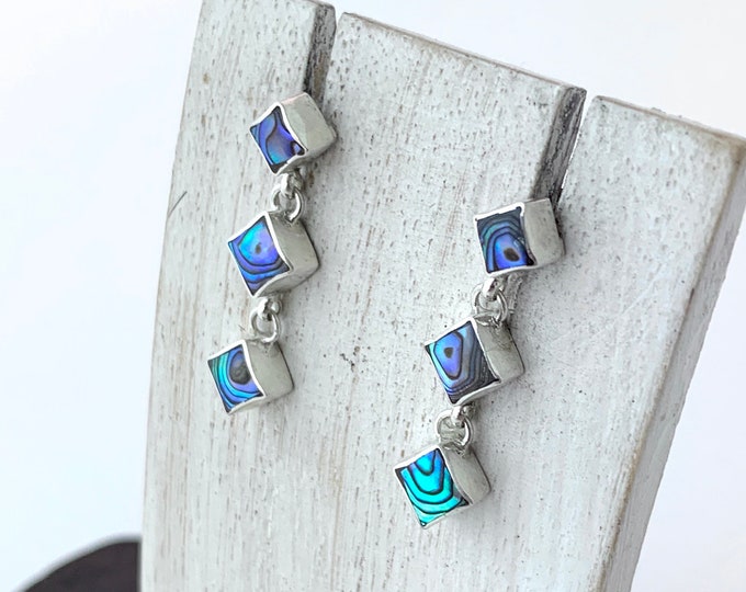 Silver Abalone Earrings, Triple Abalone Shell, Minimalist Jewelry, Tiny Square Earring,Natural Abalone, Silver 925