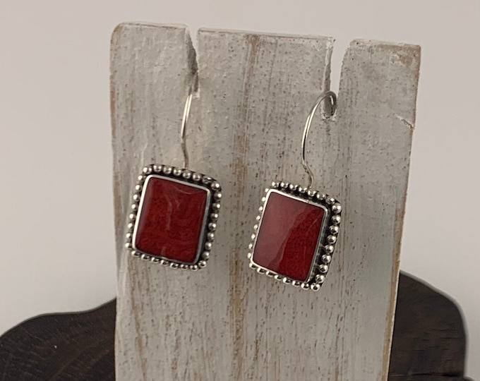 Red Coral Earrings, Rectangle Red Coral, Coral Jewelry, Dangle Red Coral Earrings,Geometric