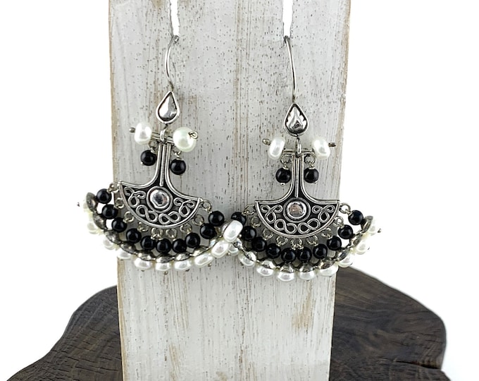 Stunning Pearl and Onyx Earrings, Tribal Earrings, Sterling Silver Onyx, Original Design, Pearl Earrings