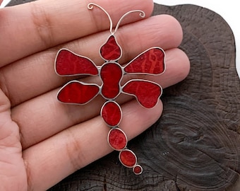Red Coral Dragonfly Brooch, Sterling Silver Dragonfly, Insect Brooch, Dragonfly Pin, Insect Pin, Red Insect Pin