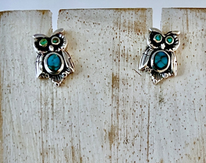 Owl Stud Earrings,Owl Turquoise Stud, Bird Post Earrings, Turquoise Owl Post, Silver Owl Earrings