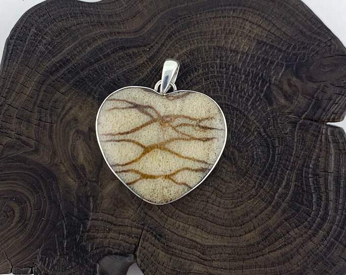 Zebra Striped Coral Heart Pendant, Large Heart, Sterling Silver, Earth Tone, Zebra Stripes Stone, Valentine's Day Gift, Gift for girlfriend