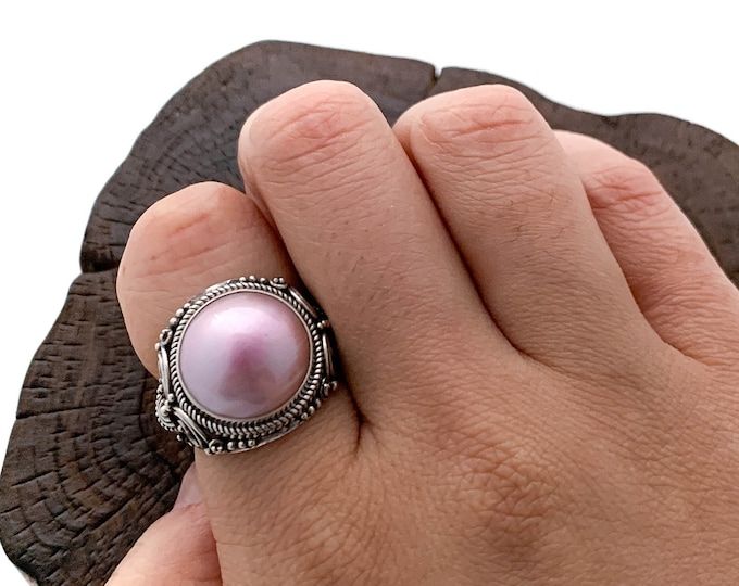 Pink Mabe Pearl Ring, Round Shape Ring, Round Dyed Pink Mabe Ring, Sterling Silver Ring, Pink Round Ring, Size 8 only