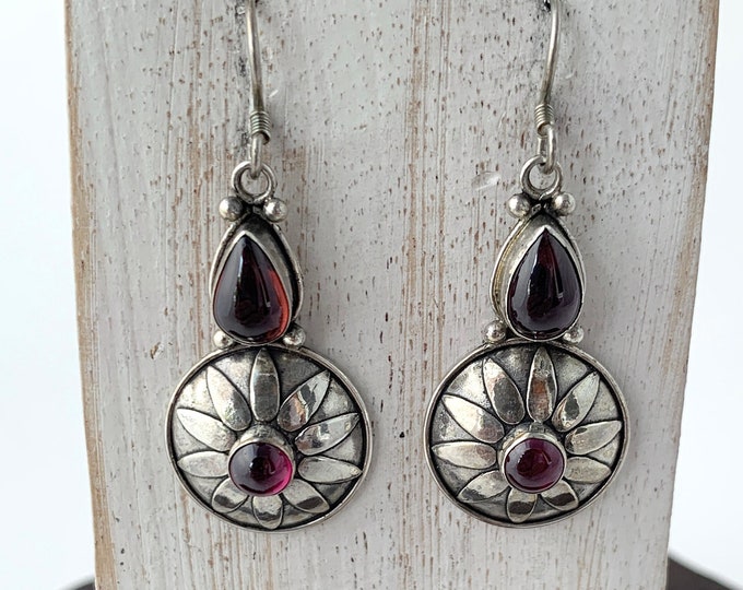 Garnet Cabochon and Sterling Silver Drop Earrings, Vintage Earrings