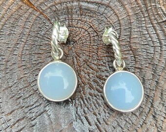 Chalcedony Earrings, Chalcedony Stud, Light Blue Jewellery, Round Blue Gemstone Stud, Circle Chalcedony, Minimalist, Sterling Silver 925