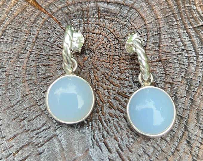 Chalcedony Earrings, Chalcedony Stud, Light Blue Jewellery, Round Blue Gemstone Stud, Circle Chalcedony, Minimalist, Sterling Silver 925