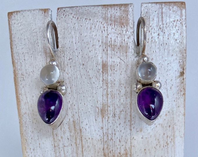 Sterling Silver Earrings,Gemstone Earrings, Amethyst and Moonstone Drop,Amethyst Tear Drop,Mix Stone Earrings,Everyday Earrings