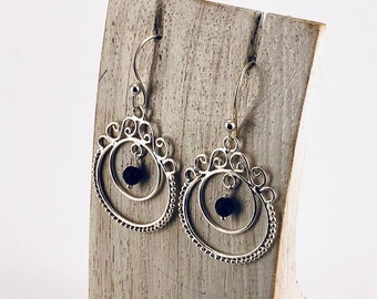 Onyx  Earrings, Sterling Silver 925, Circle Earrings, Dangle Earrings,Ethnic Look,Boho
