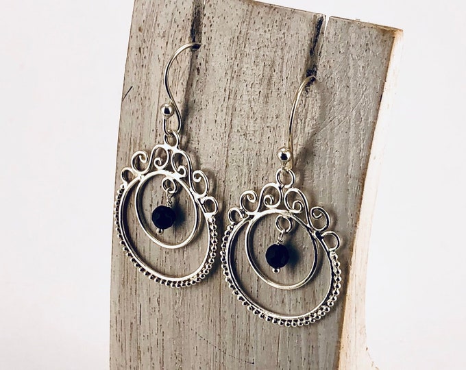 Onyx  Earrings, Sterling Silver 925, Circle Earrings, Dangle Earrings,Ethnic Look,Boho