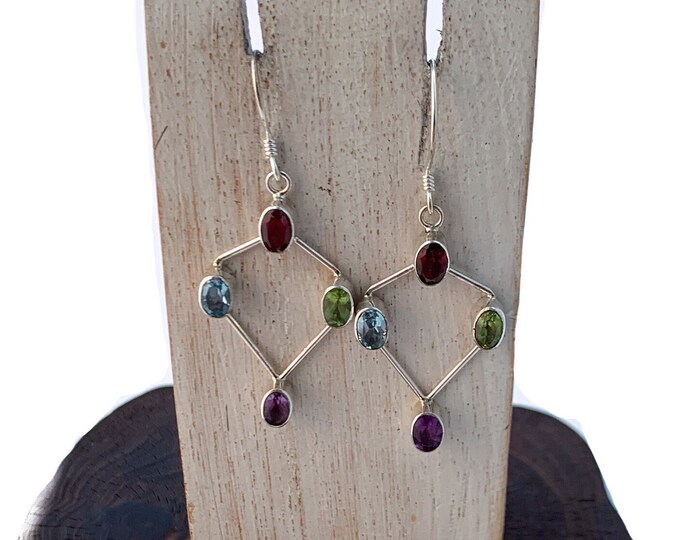 Multi Stone Earrings, Drop Sterling Silver Earrings, Oval Blue Topaz, Peridot, Amethyst, Garnet Earring, Oval Stones Earring,Silver 925