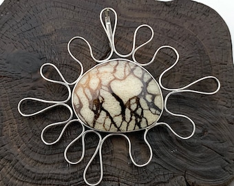 Zebra Striped Coral Oval Brooch, Silver Wave Frame Brooch, Large Brooch,  Sterling Silver, Zebra Striped Coral Pendant,Stunning Brooch