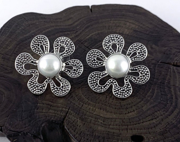 Pearl Silver Stud Earrings, Large Stud Flower, Sterling Silver Pearl Flower, Garden lover, Also matching Ring and Pendant