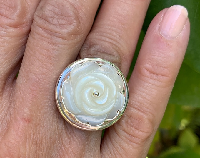 Silver Rose Ring, Natural White Mother of Pearl Shell, Rose Ring, Sterling Silver for Women, Mothers Day