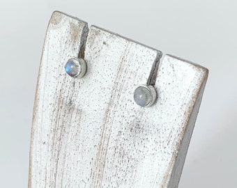 Tiny Round Post, Rainbow Moonstone, White Minimalist, Stud Earrings, Sterling Silver 925,Silver Stud,Moon Stone Stud