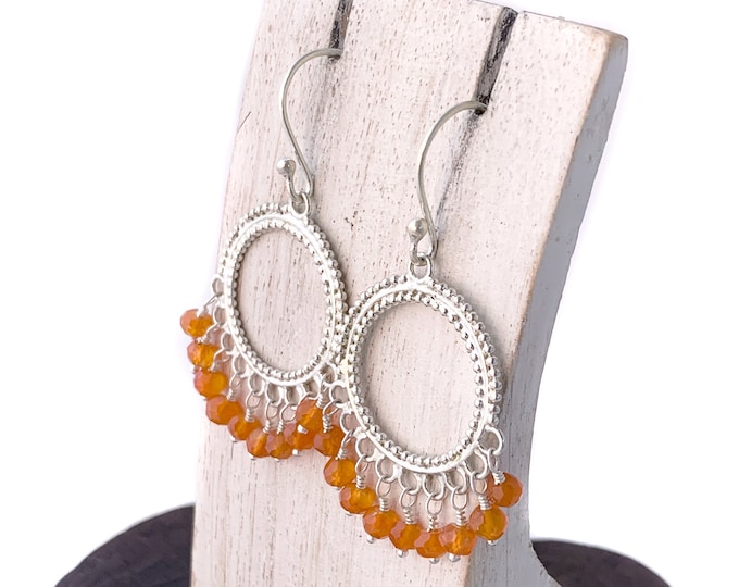 Orange Quartz Earring, Round earring, Tangerine Quartz Gemstone, Sterling Silver, Circle Earring