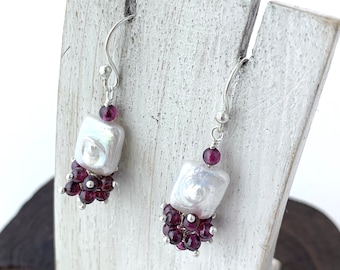 Keshi Pearl Earrings, Garnet Stone Earrings, Sterling Silver Dangling Earrings, Mix Garnet And Pearl, Original Earrings, Everyday Earrings